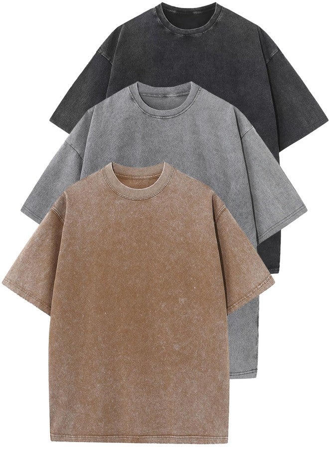 flygo مجموعة فلايغو من 3 تيشرتات رجالية واسعة، مغسولة بحمض، للجنسين، فضفاضة، بأكمام قصيرة، ملابس كاجوال، ملابس الشارع، قمصان أساسية واسعة (أسود + رمادي + كاكي XL) - Image 1